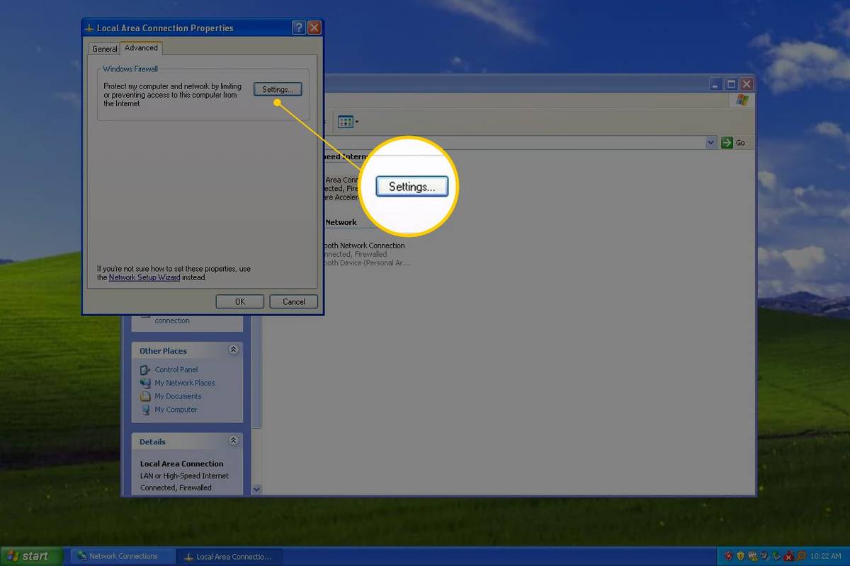 Nustatymų mygtukas, esantis „Windows XP“ tinklo ypatybių skirtuke Išplėstinė