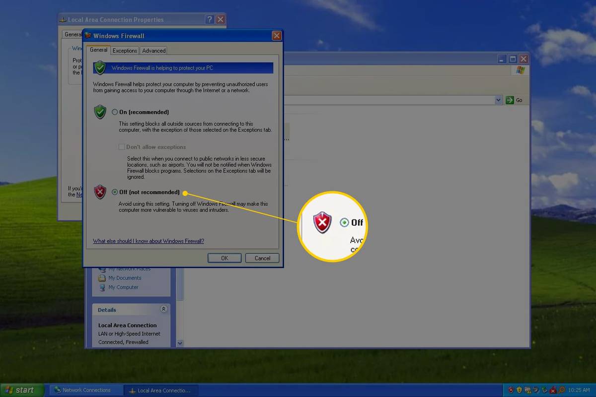 Brána firewall systému Windows vypnuta (nedoporučuje se) v systému Windows XP