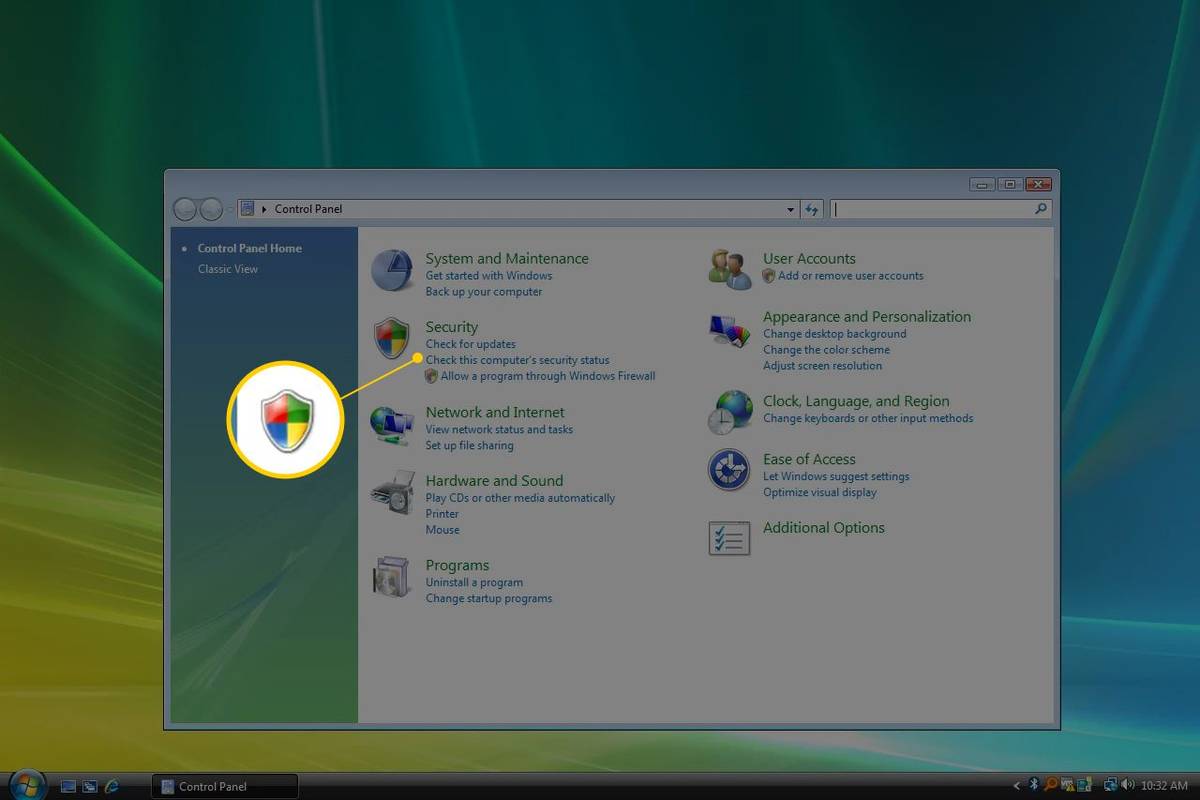 Sigurnosna ikona na upravljačkoj ploči sustava Windows Vista