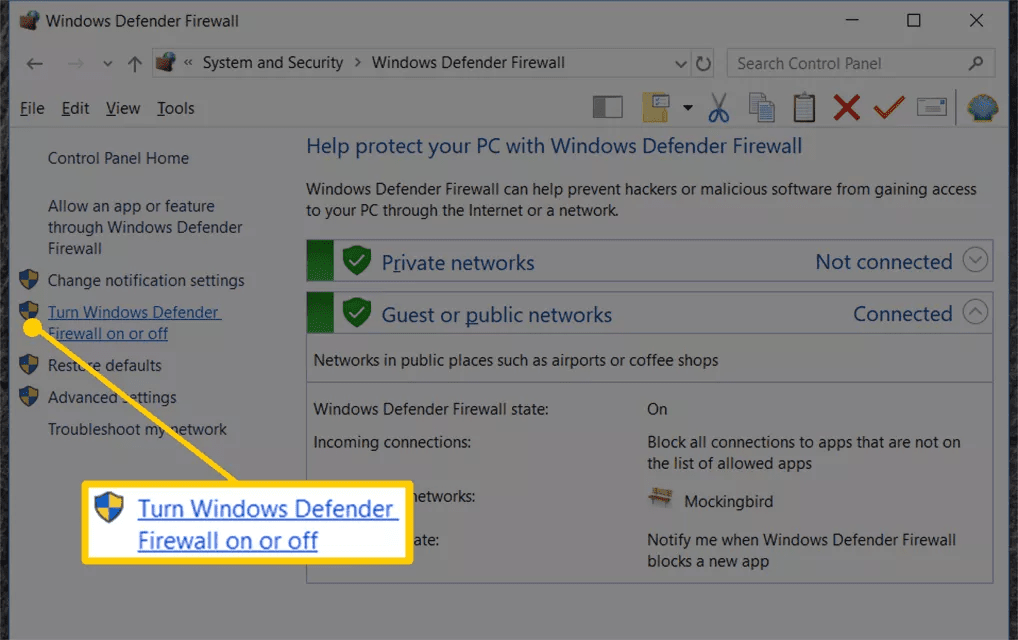 Windows 10 の Windows Defender ファイアウォール オプションをオンまたはオフにする