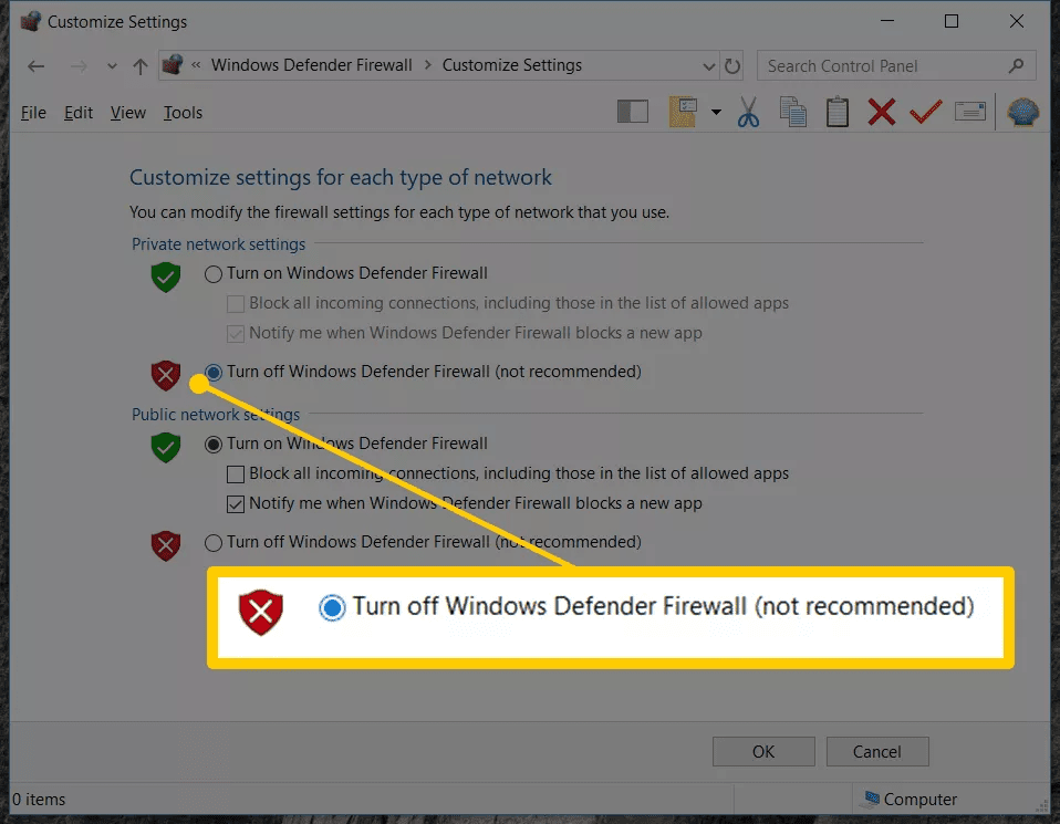 Slå av alternativet for Windows Defender-brannmur (anbefales ikke) i innstillingene for Windows 10