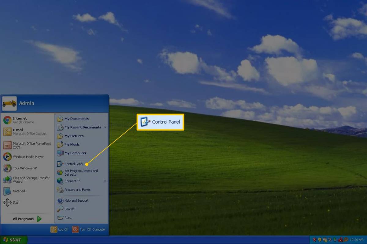 Icona del tauler de control al menú Inici de Windows XP