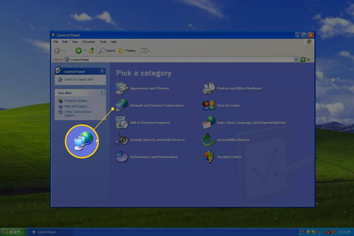 Tīkla un interneta savienojumi Windows XP vadības panelī