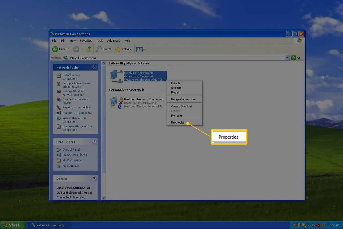 Windows XP నెట్‌వర్క్ ప్రాపర్టీస్ మెను ఐటెమ్