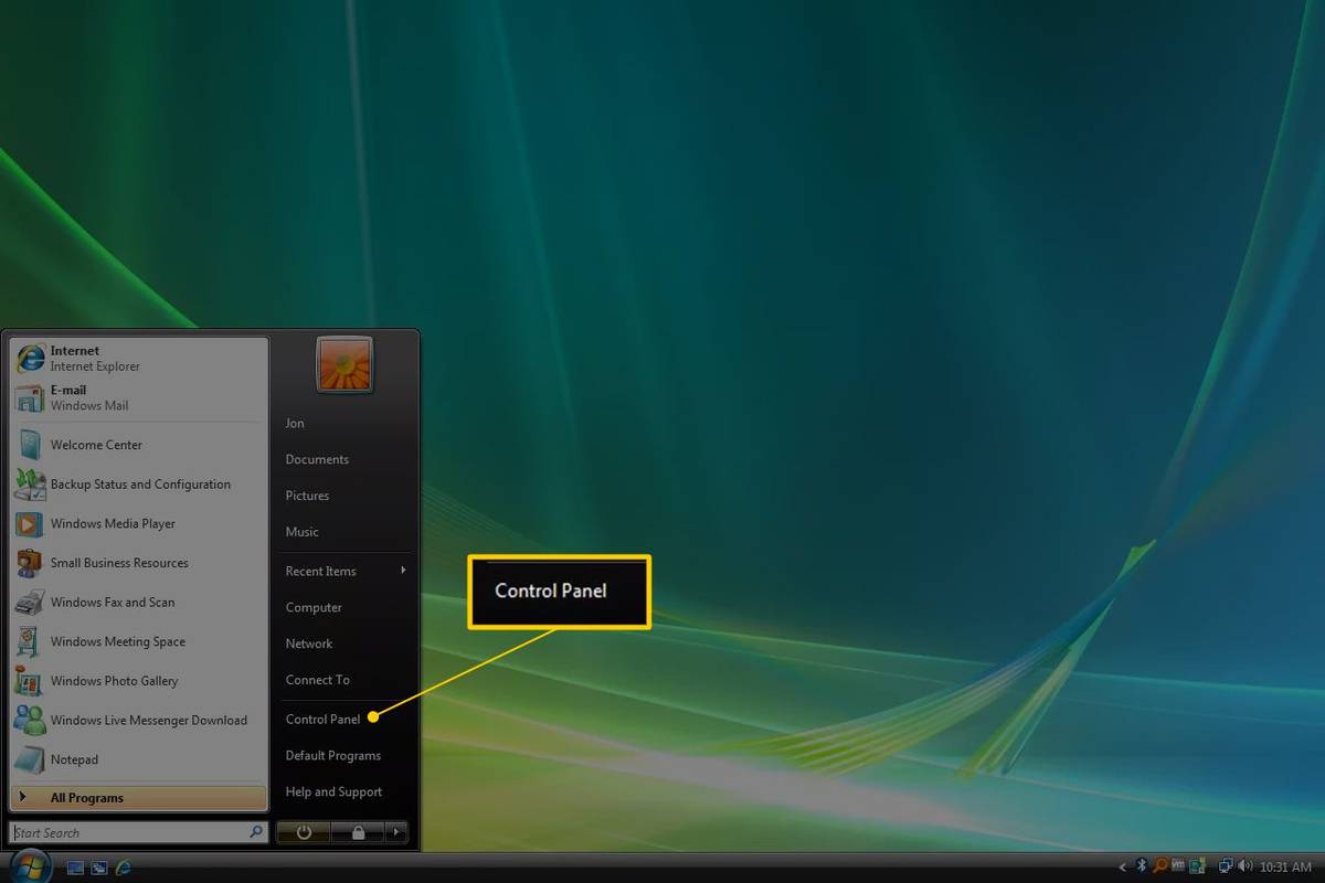 Nadzorna plošča v meniju Start sistema Windows Vista