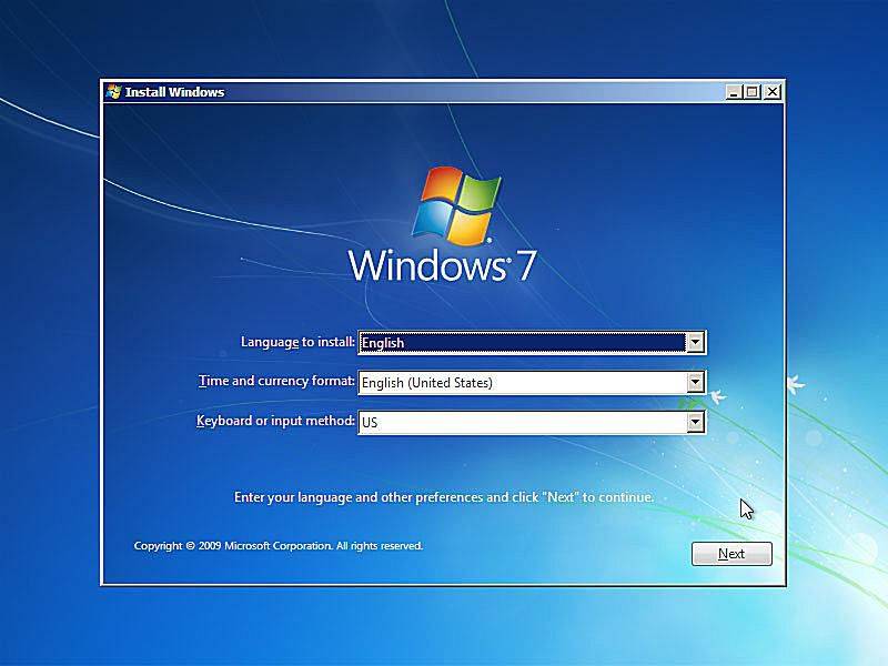 Zrzut ekranu przedstawiający instalację systemu Windows 7