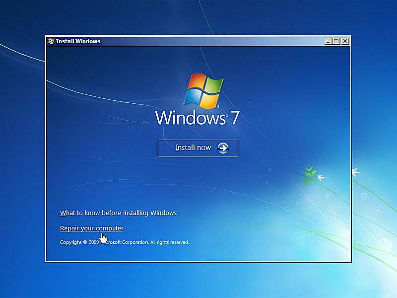 „Windows 7“ sąrankos taisymo kompiuterio nuorodos ekrano kopija