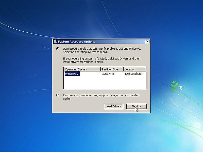 Ekraanipilt Windows 7 käivitusparandusest, kus küsitakse operatsioonisüsteemi