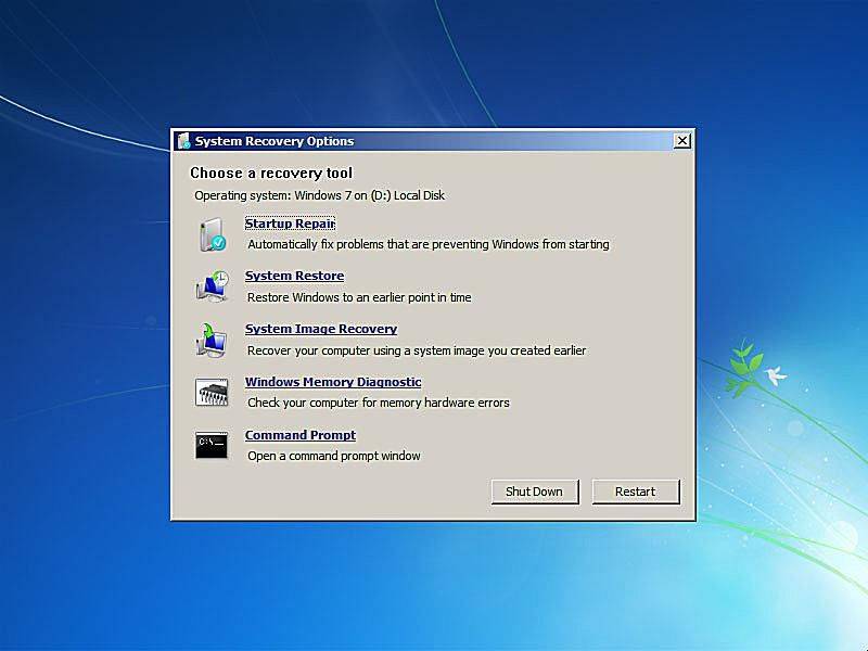 Snímek obrazovky možností obnovení při spouštění systému Windows 7