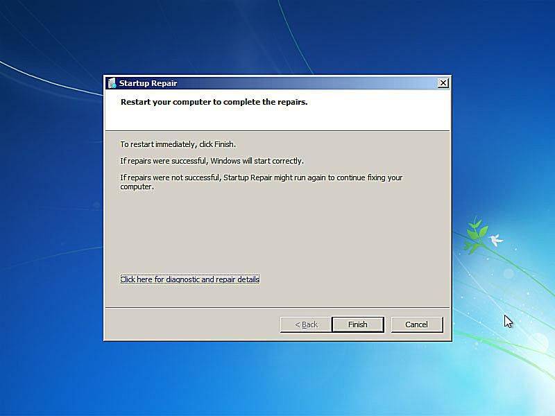 Et skærmbillede af færdiggørelse af Windows 7 startreparation