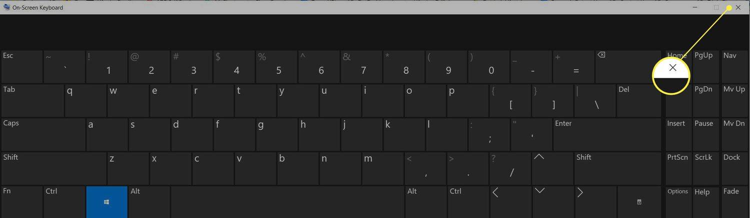 क्लोज़ (X) हाइलाइट के साथ ऑन-स्क्रीन कीबोर्ड