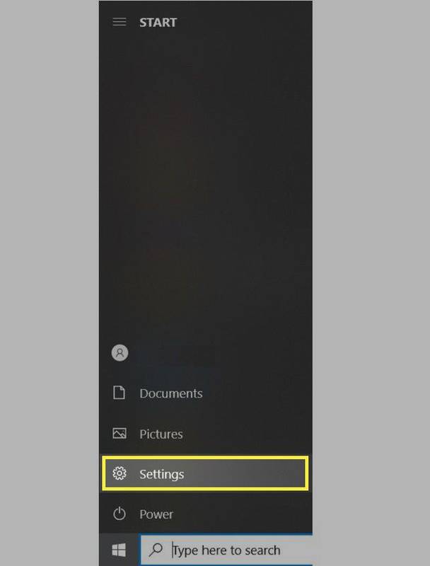 Windows Start-knappen som viser alternativet Innstillinger.