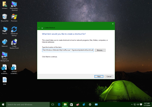 Raccourci prêt pour Windows 10 Defender