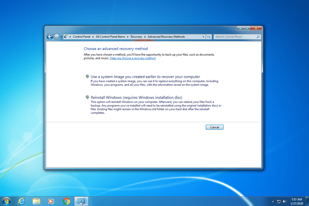 Pilihan pemulihan imej sistem Windows 7