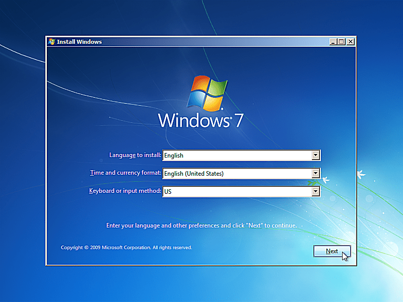 Installer Windows-vinduet ved opstart fra Windows 7-installationsdisken
