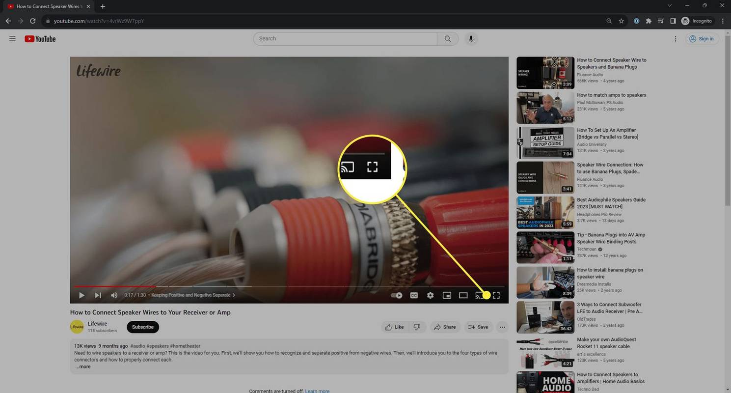 Fullskjerm-knappen på en YouTube-video