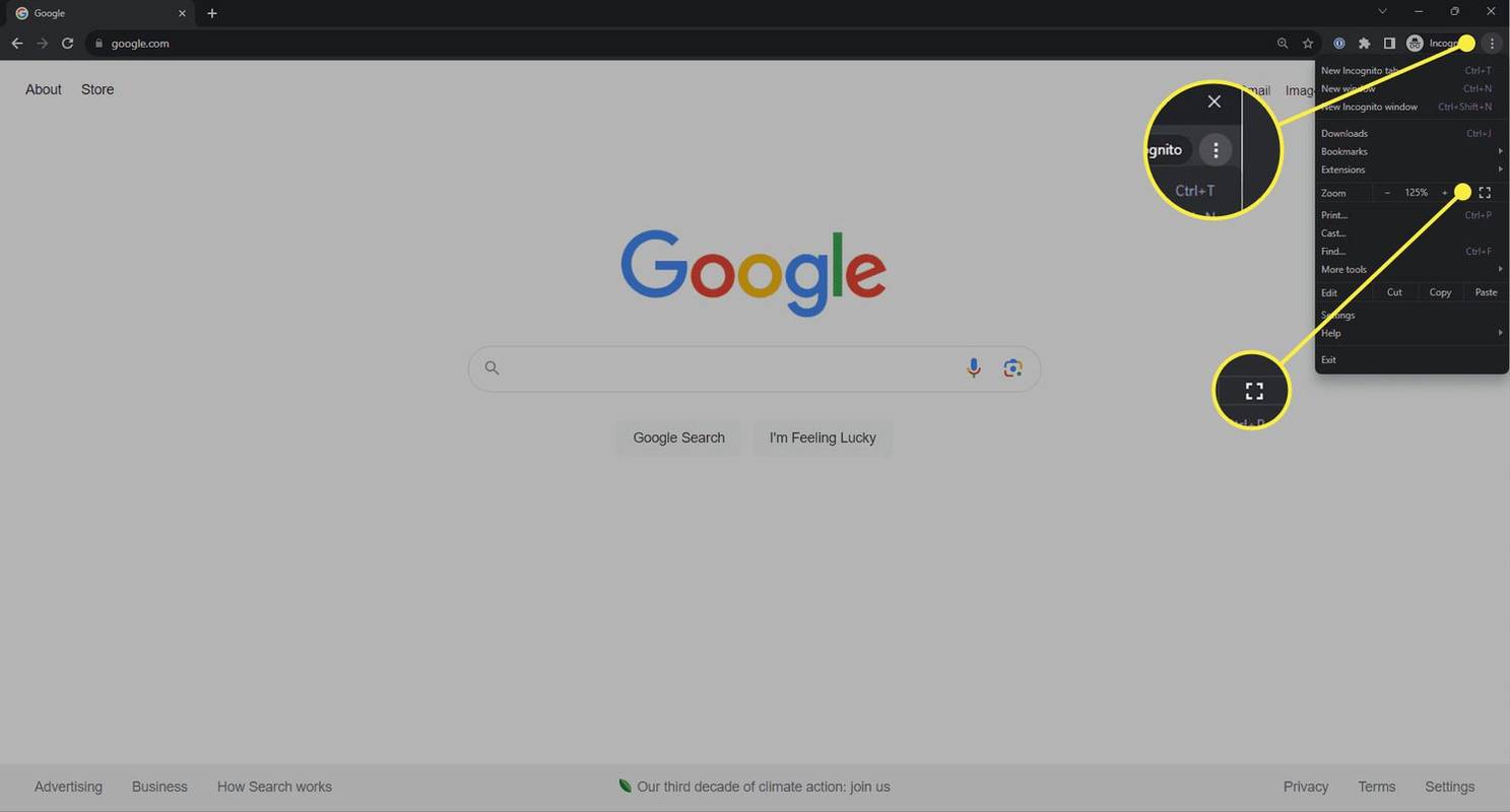 Tlačítka Nabídka a Celá obrazovka v prohlížeči Chrome