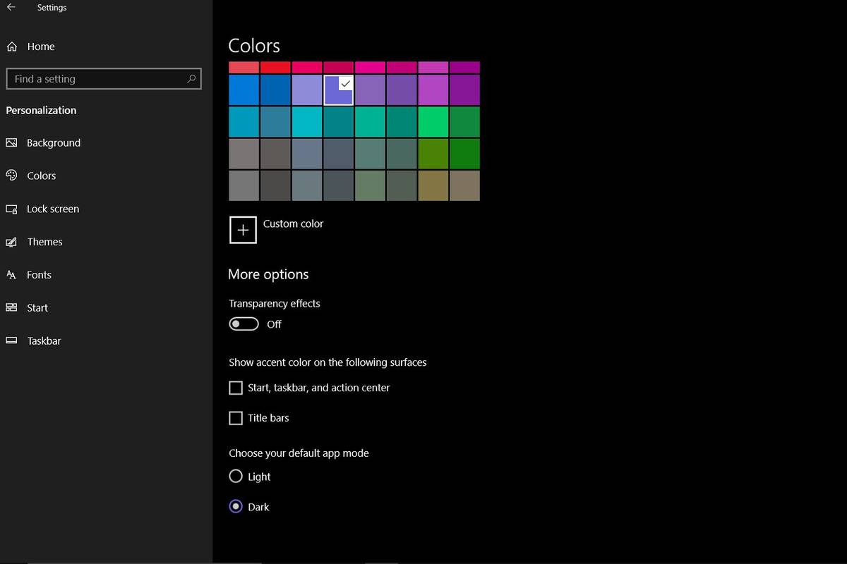 Farger-menyen i Windows 10. Denne menyen inneholder alternativet for mørk modus.