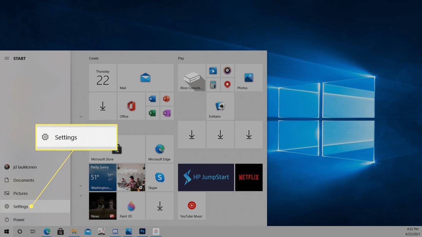 Windows 10 시작 메뉴에 강조 표시된 설정.