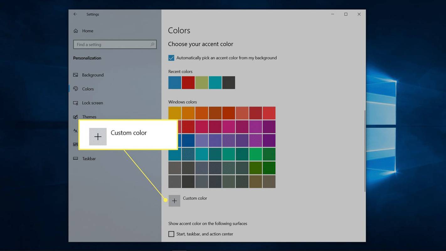 Mukautettu väri korostettuna Windowsin väriasetuksissa.