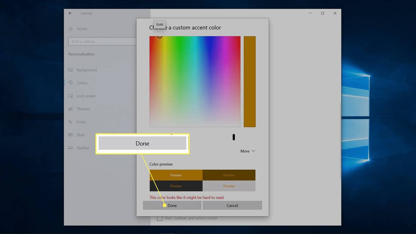 Valmis korostettuna Windowsin värivalitsimessa.