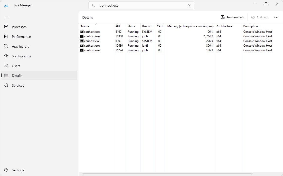 instàncies de conhost.exe al Gestor de tasques a Windows 11