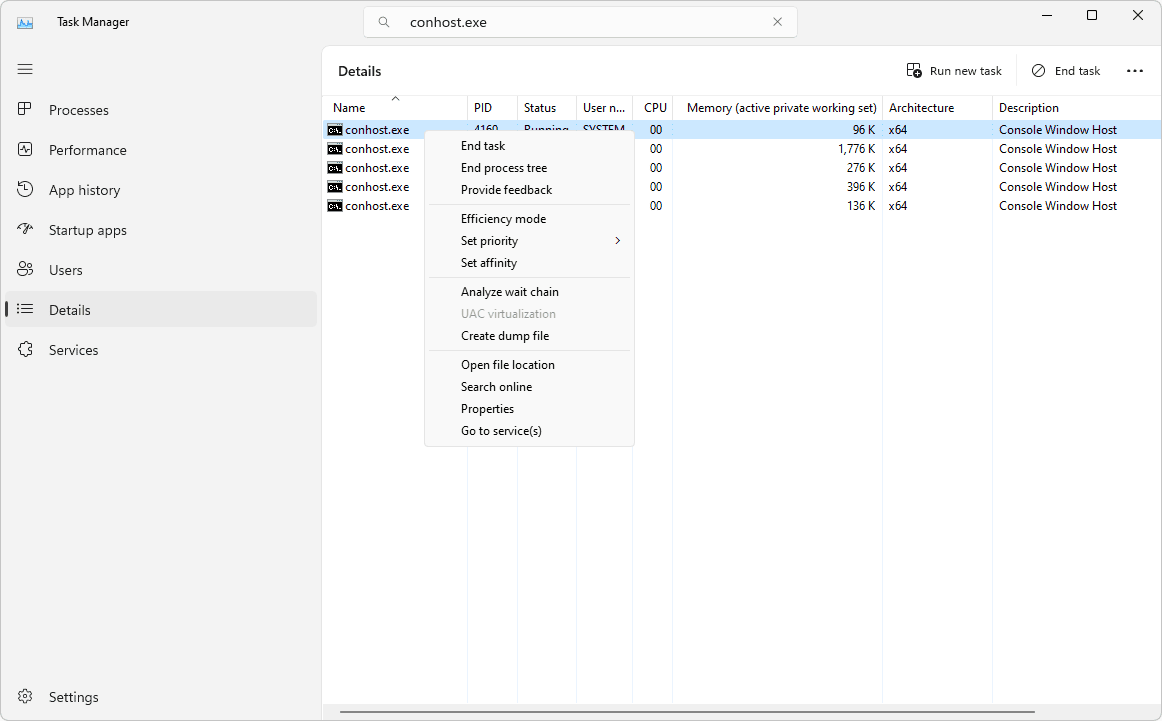 작업 관리자의 conhost 열린 파일 위치 옵션