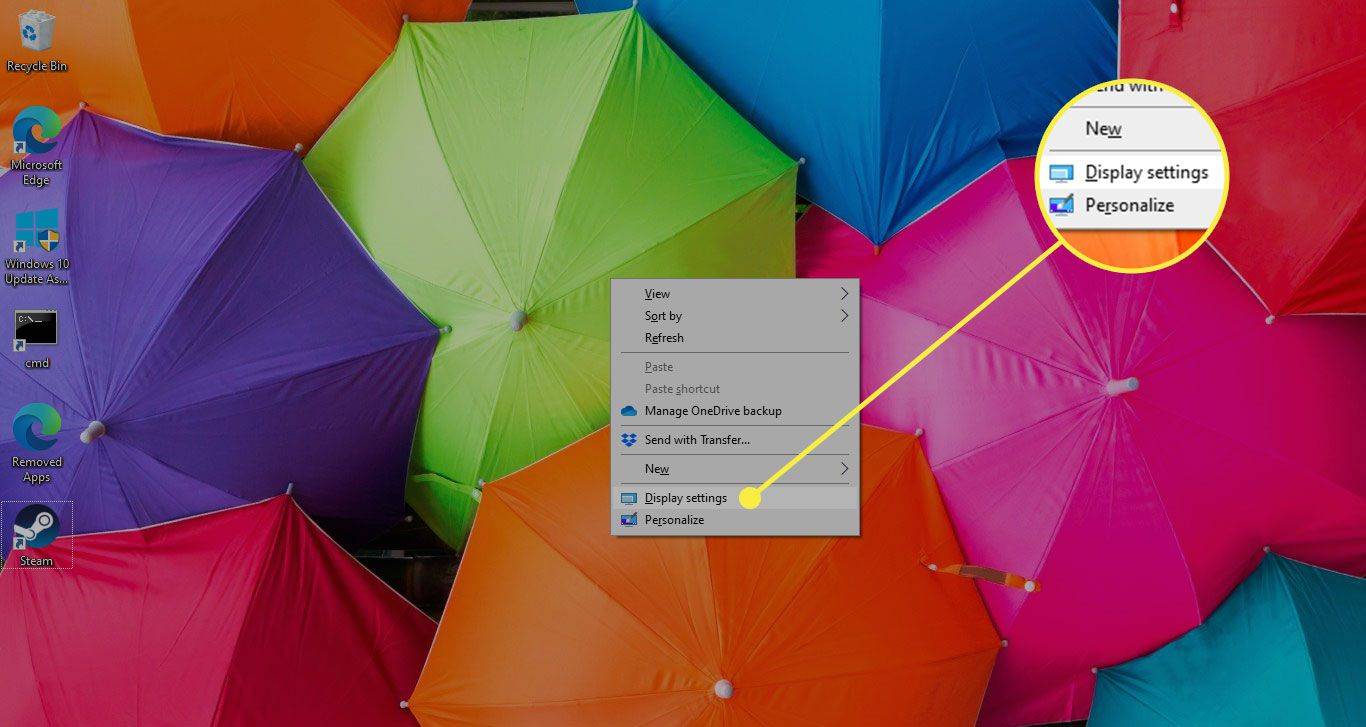 Pulpit w systemie Windows 10 z podświetlonym poleceniem Ustawienia wyświetlania