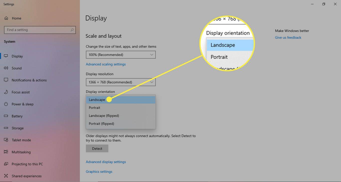 Pilihan Paparan dalam Windows 10 dengan pilihan Landskap diserlahkan