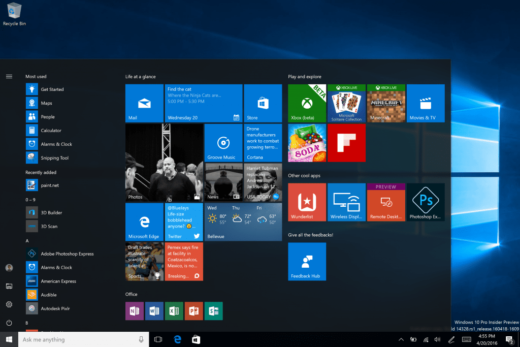 Uvítací obrazovka Windows 10.