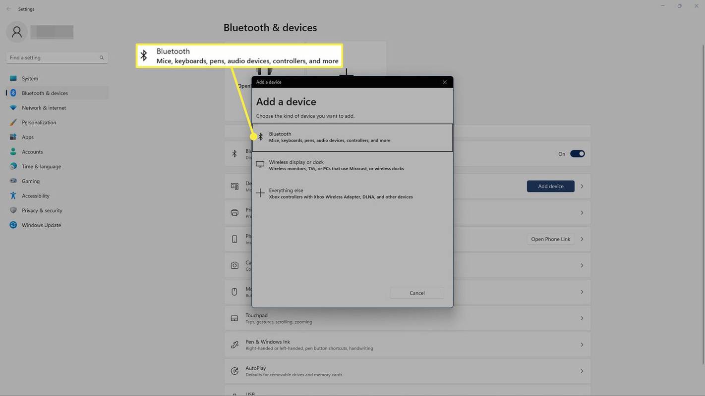 Bluetooth Windows 11:ssä Lisää laite -näyttö