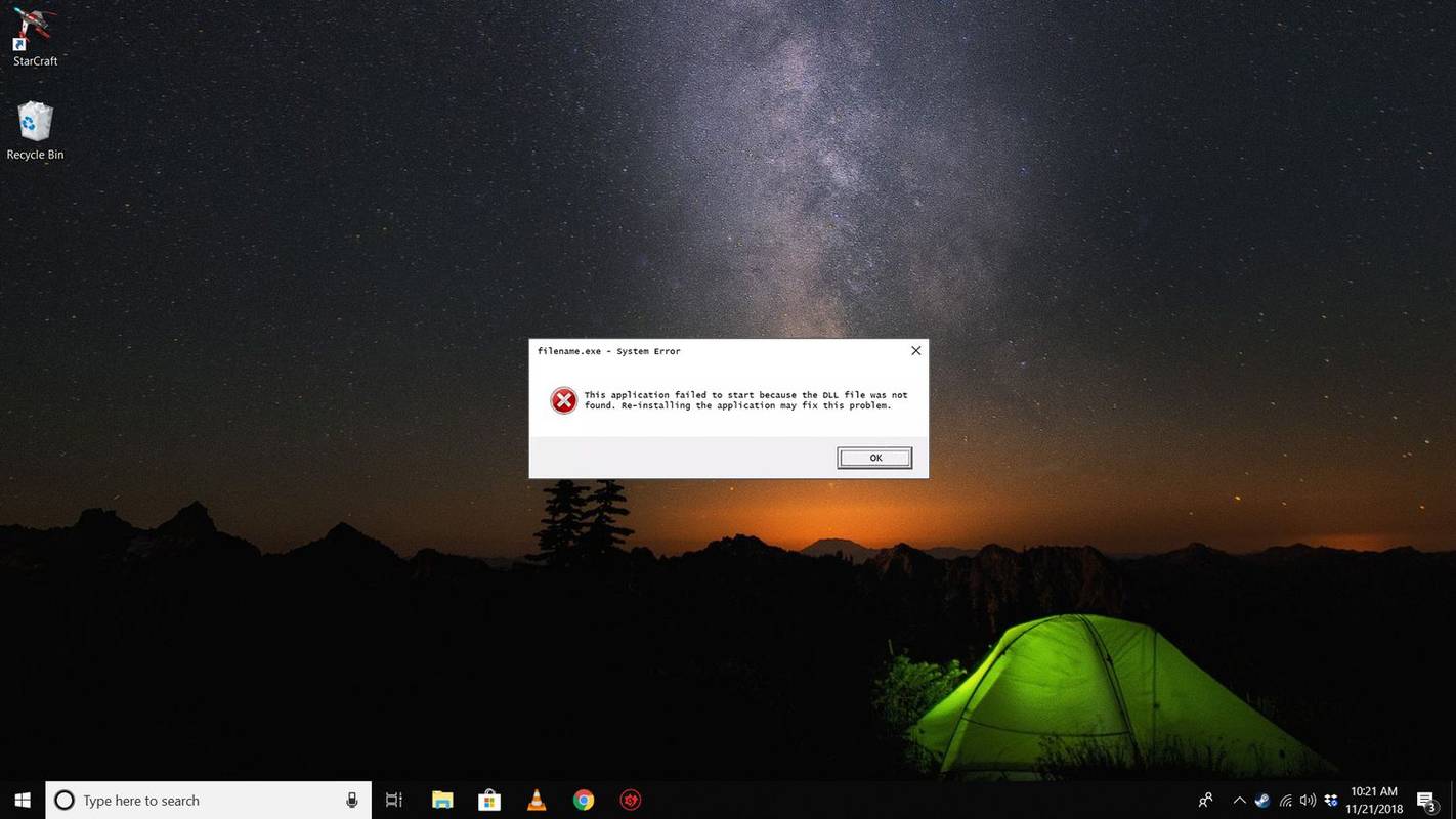 Ikke-spesifikk DLL-feilmelding på Windows 10-skrivebordet