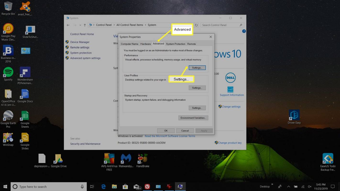 Configuració de rendiment a Windows 10