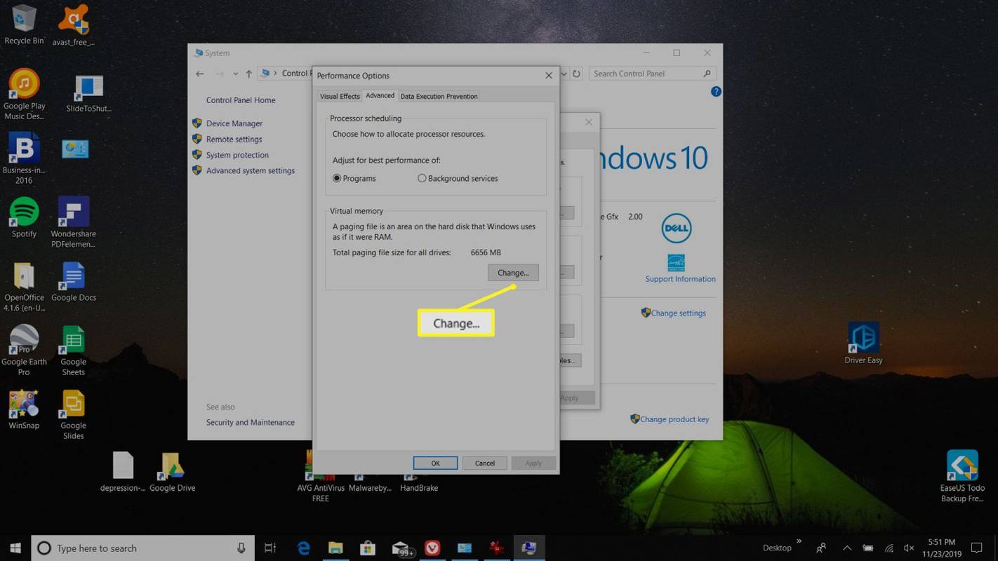 Windows에서 가상 메모리를 변경하는 변경 버튼