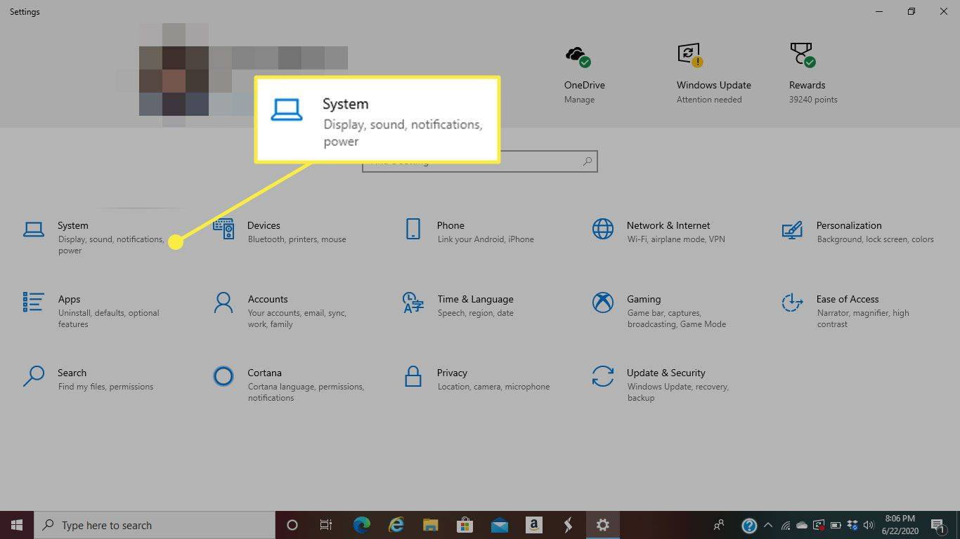 Заголовок «Система» в настройках Windows 10.