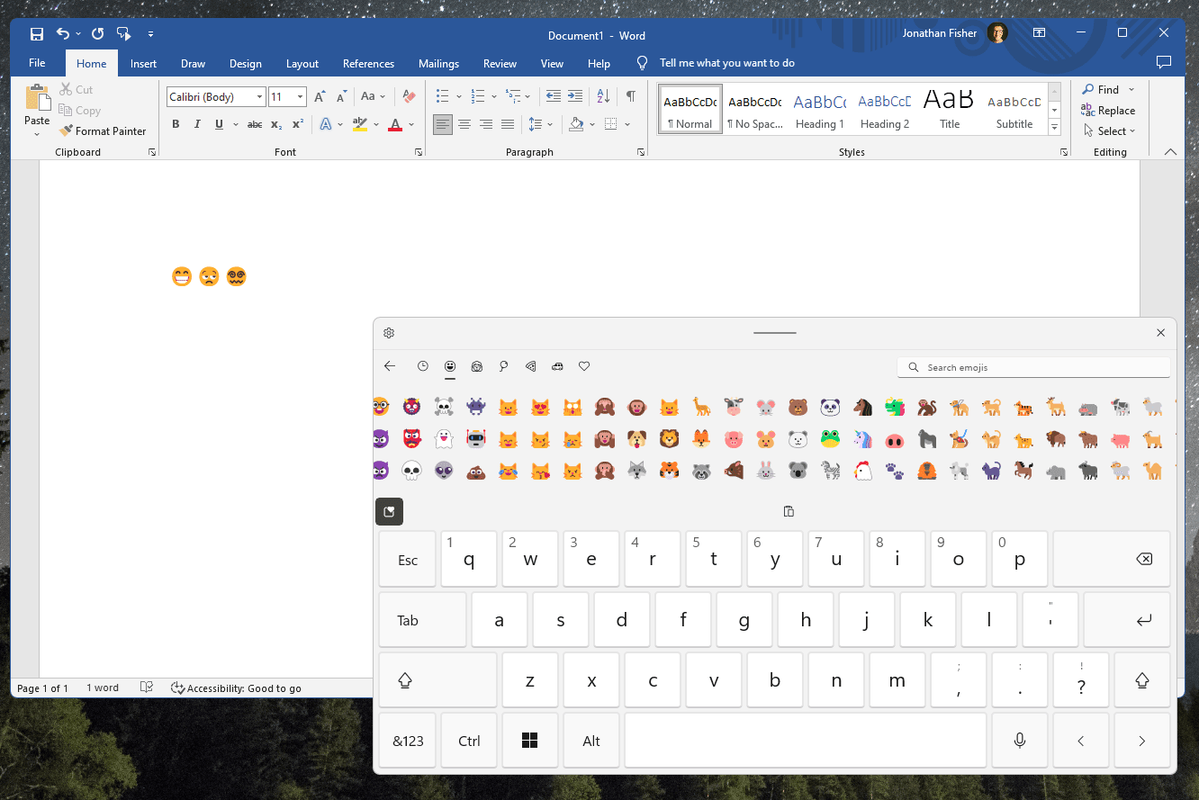 Windows 11 puutetundlik klaviatuur koos Microsoft Wordi sisestatud emotikonidega