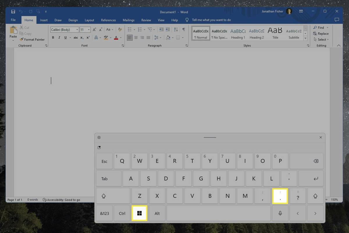 A tecla do Windows e a tecla de ponto final destacadas no teclado de toque do Windows 11.