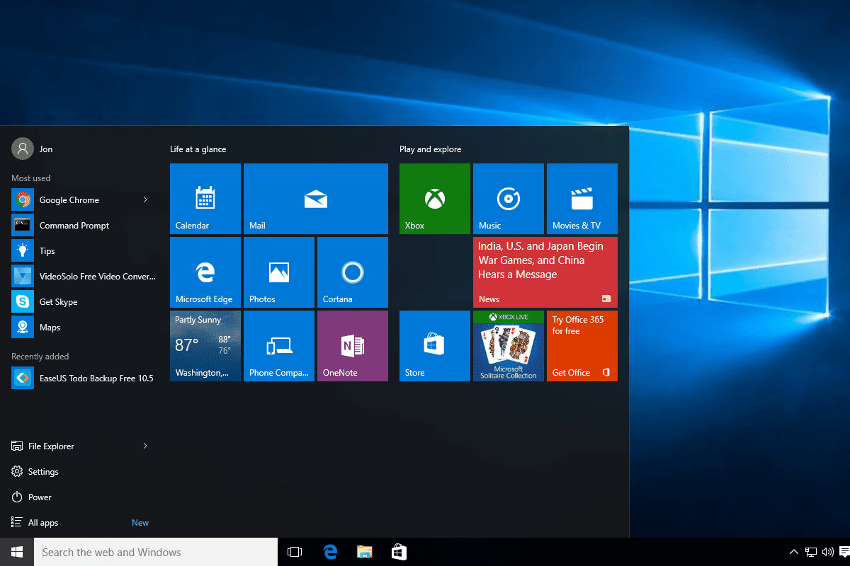 Windows 10 Start Menu and desktop