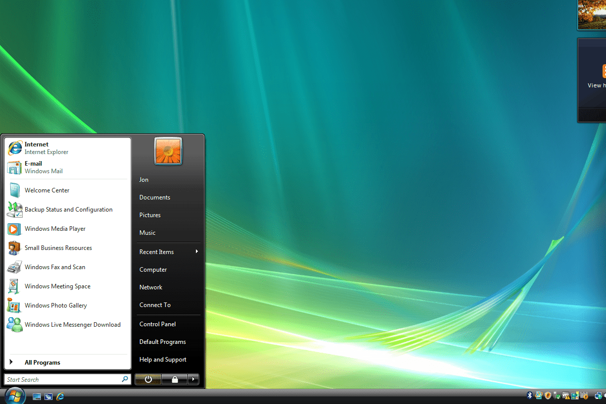 Windows Vista 시작 메뉴 및 바탕 화면