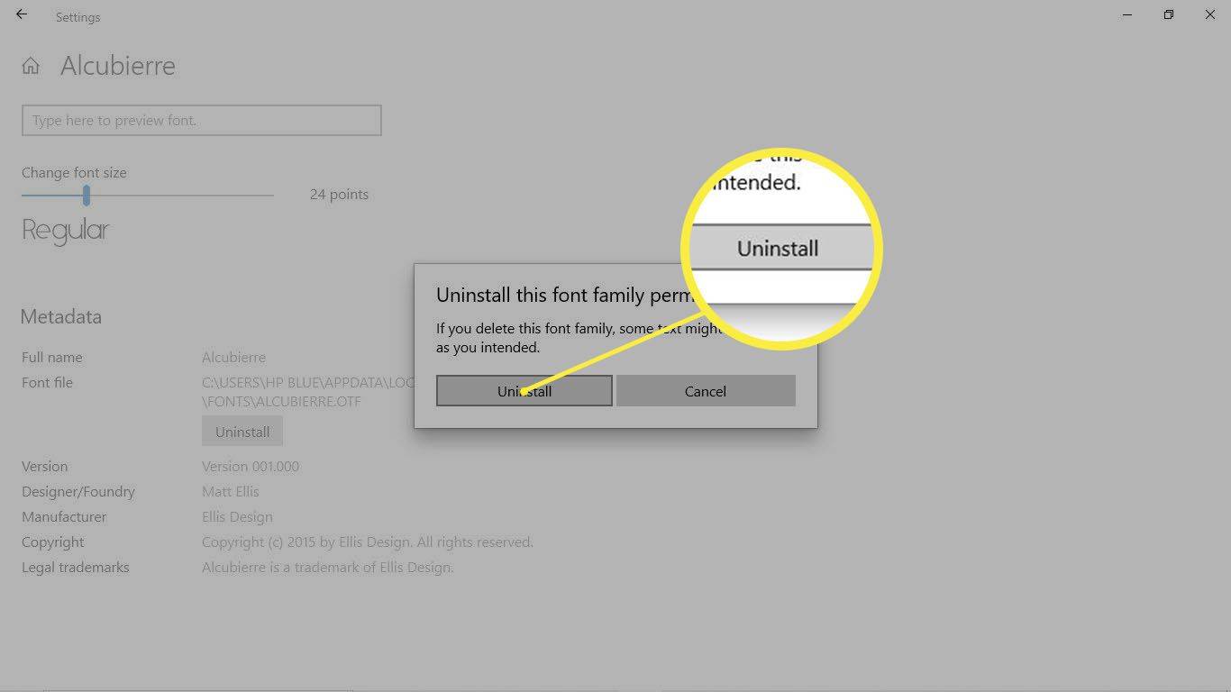 Kotak dialog Uninstall saat menghapus instalasi font di Windows 10.