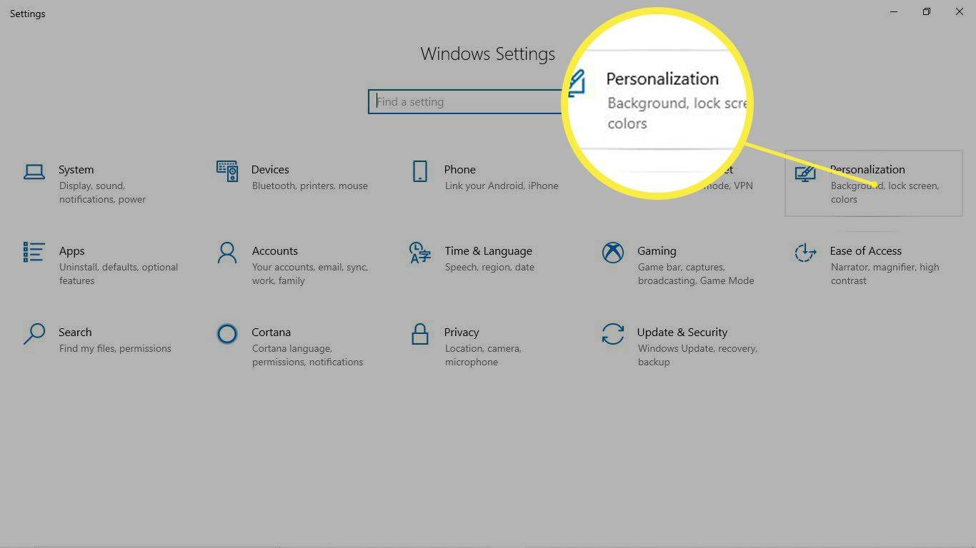 De personalisatie-instelling gemarkeerd in het venster Windows 10 Windows-instellingen.