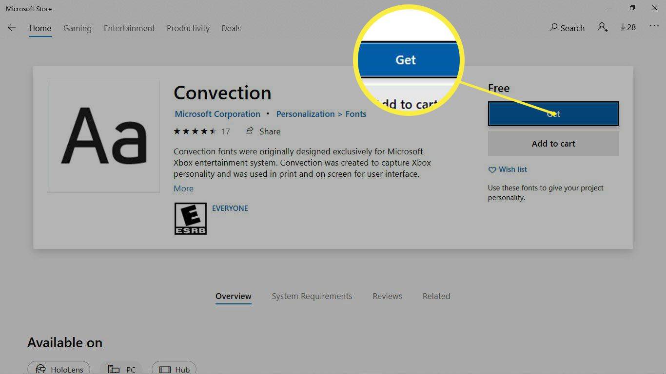Microsoft Store에서 다운로드하기 위해 강조 표시된 받기 버튼.