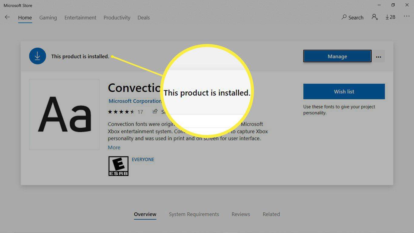 यह संकेत कि कोई उत्पाद Microsoft स्टोर में स्थापित है, हाइलाइट किया गया है।