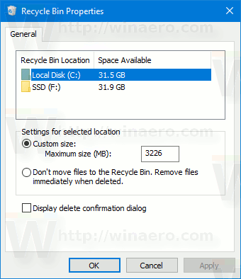 Windows 10-Papierkorbeigenschaften