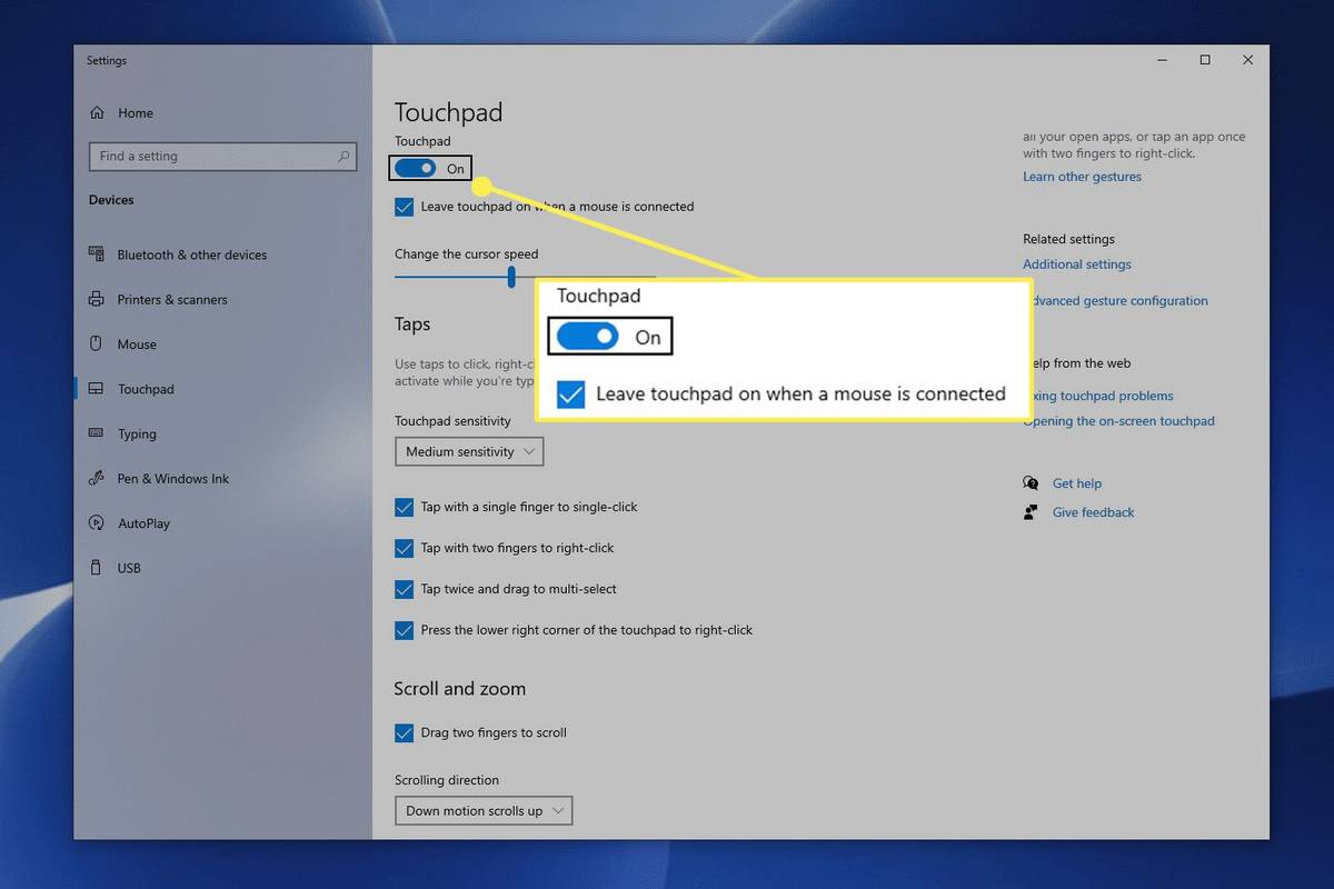 Windows 10 సెట్టింగ్‌లలో టచ్‌ప్యాడ్ బటన్ ప్రారంభించబడింది