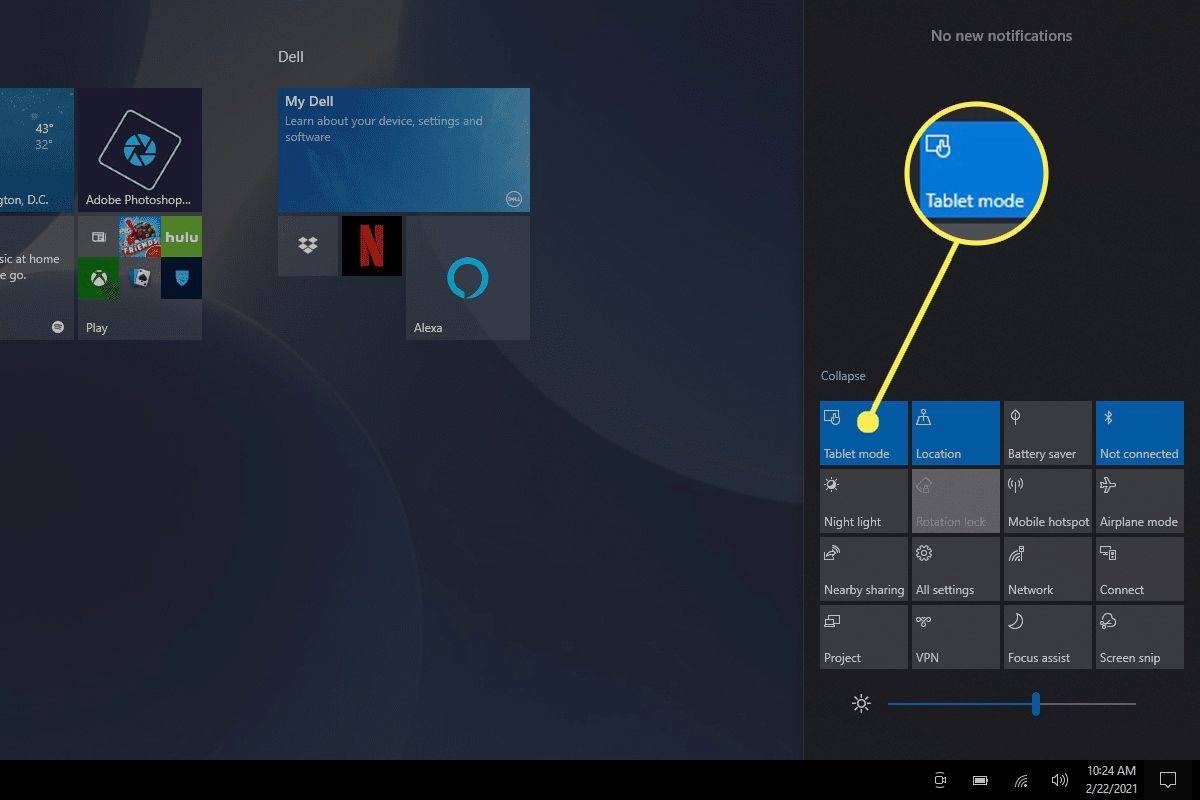 Bouton du mode tablette activé dans Windows 10