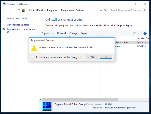 výzva na potvrdenie odinštalovania Windows 10
