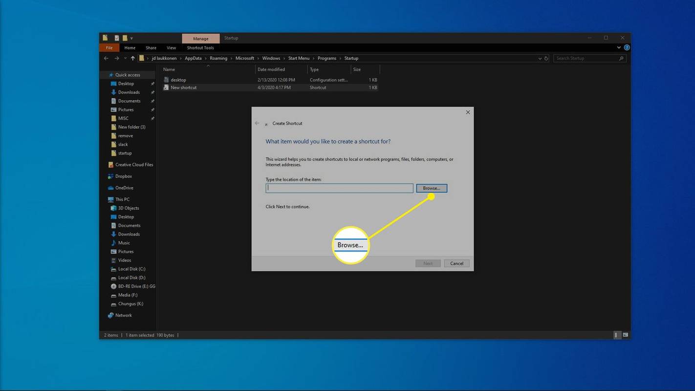 Ein Screenshot der Erstellung einer Verknüpfung in Windows 10.
