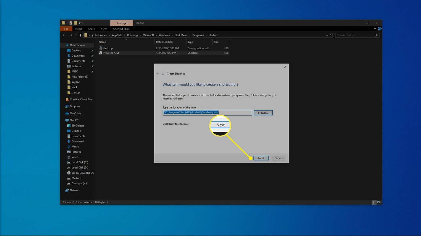 Zrzut ekranu przedstawiający dodanie Audacity do folderu startowego systemu Windows 10.