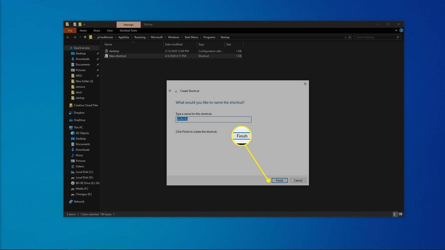 Una captura de pantalla de la creación de un acceso directo en Windows.